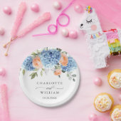 Elegant Blauw Hydrangea Roze Blush Rozen Bruiloft Papieren Bordje (Feest)