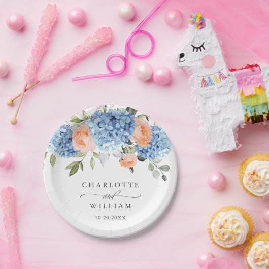 Elegant Blauw Hydrangea Roze Blush Rozen Bruiloft Papieren Bordje (Feest)