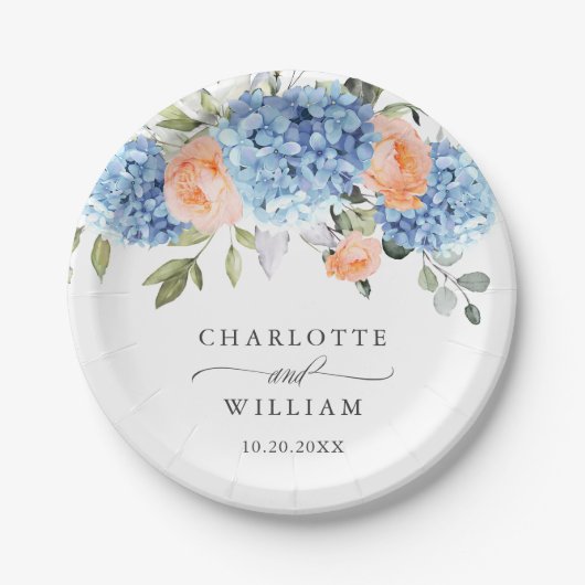 Elegant Blauw Hydrangea Roze Blush Rozen Bruiloft Papieren Bordje (Voorkant)
