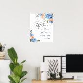 Elegant Blauw Hydrangea Roze Blush Rozen Bruiloft Poster (Thuiskantoor)