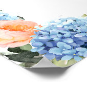 Elegant Blauw Hydrangea Roze Blush Rozen Bruiloft Poster (Hoek)