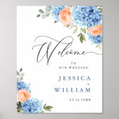 Elegant Blauw Hydrangea Roze Blush Rozen Bruiloft Poster (Voorkant)