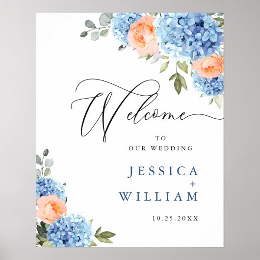 Elegant Blauw Hydrangea Roze Blush Rozen Bruiloft Poster (Voorkant)