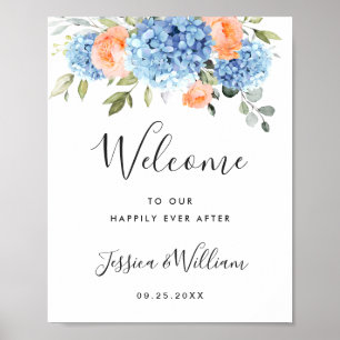 Elegant Blauw Hydrangea Roze Blush Rozen Bruiloft Poster