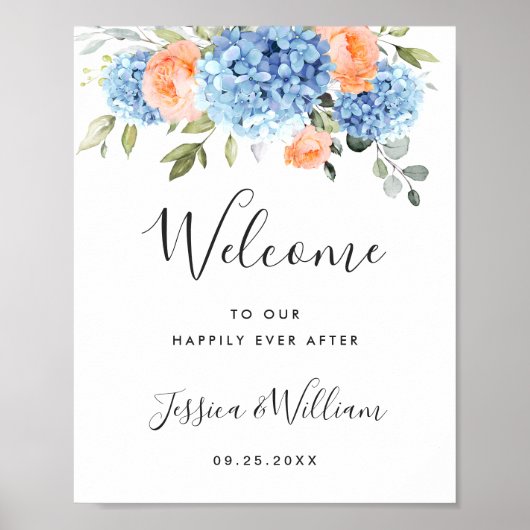 Elegant Blauw Hydrangea Roze Blush Rozen Bruiloft Poster (Voorkant)