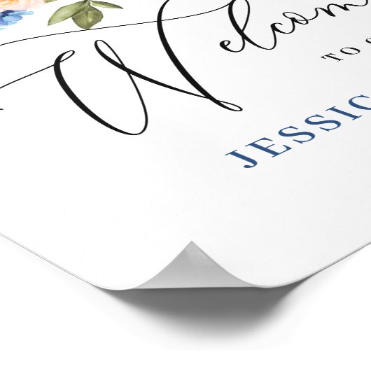 Elegant Blauw Hydrangea Roze Blush Rozen Bruiloft Poster (Hoek)