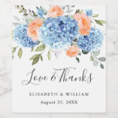 Elegant Blauw Hydrangea Roze Blush Rozen Bruiloft Wijn Etiket (Enkel label)