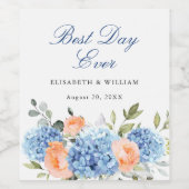 Elegant Blauw Hydrangea Roze Blush Rozen Bruiloft Wijn Etiket (Enkel label)