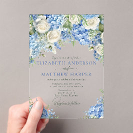 Elegant Blauw Hydrangea Witte Rozen Bloemen Bruilo Acryl Uitnodigingen