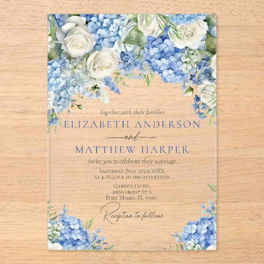 Elegant Blauw Hydrangea Witte Rozen Bloemen Bruilo Acryl Uitnodigingen (Voorkant)