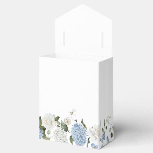 Elegant Blauw Hydrangea Witte Rozen Bloemen Bruilo Bedankdoosjes (Geopend)