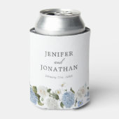 Elegant Blauw Hydrangea Witte Rozen Bloemen Bruilo Blikjeskoeler (Blikje Voorkant)