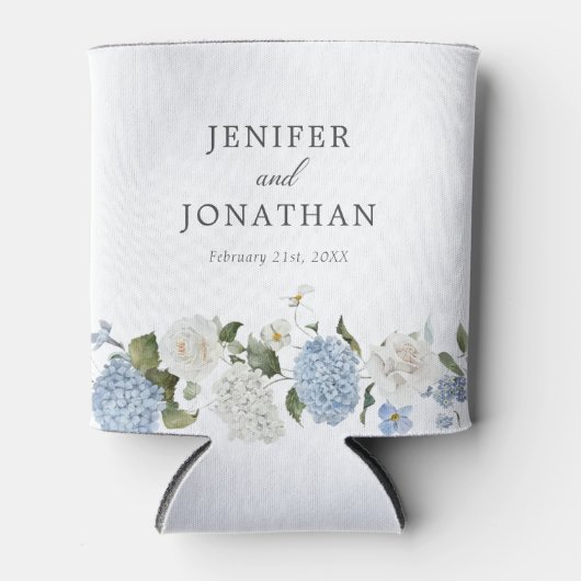 Elegant Blauw Hydrangea Witte Rozen Bloemen Bruilo Blikjeskoeler (Voorkant)