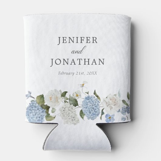 Elegant Blauw Hydrangea Witte Rozen Bloemen Bruilo Blikjeskoeler (Achterkant)