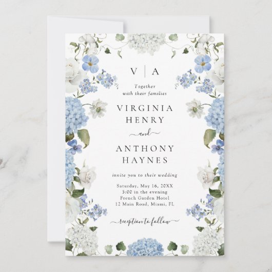 Elegant Blauw Hydrangea Witte Rozen Bloemen Bruilo Kaart (Voorkant)