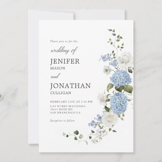 Elegant Blauw Hydrangea Witte Rozen Bloemen Bruilo Kaart (Voorkant)