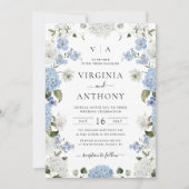 Elegant Blauw Hydrangea Witte Rozen Bloemen Bruilo Kaart (Voorkant)