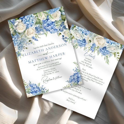Elegant Blauw Hydrangea Witte Rozen Bloemen Bruilo Kaart