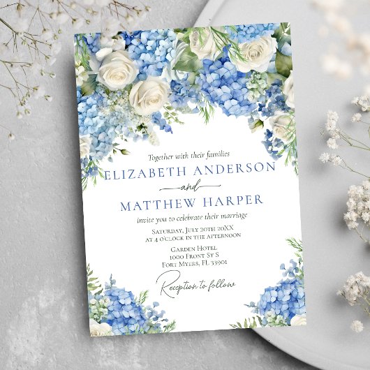 Elegant Blauw Hydrangea Witte Rozen Bloemen Bruilo Kaart