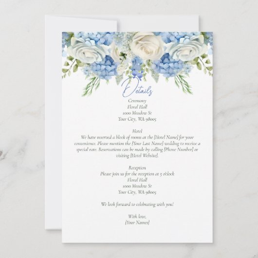 Elegant Blauw Hydrangea Witte Rozen Bloemen Bruilo Kaart (Achterkant)