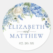 Elegant Blauw Hydrangea Witte Rozen Bloemen Bruilo Ronde Sticker (Voorkant)