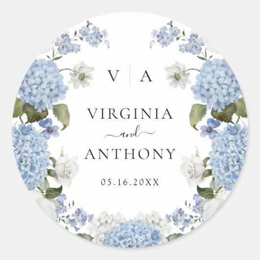 Elegant Blauw Hydrangea Witte Rozen Bloemen Bruilo Ronde Sticker (Voorkant)