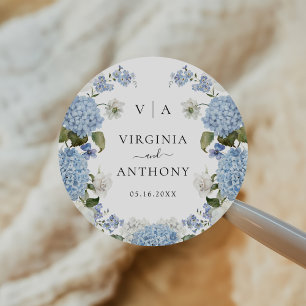 Elegant Blauw Hydrangea Witte Rozen Bloemen Bruilo Ronde Sticker