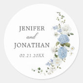 Elegant Blauw Hydrangea Witte Rozen Bloemen Bruilo Ronde Sticker (Voorkant)