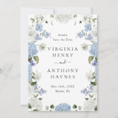Elegant Blauw Hydrangea Witte Rozen Bloemen Bruilo Save The Date (Voorkant)