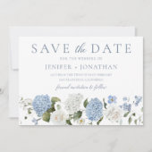 Elegant Blauw Hydrangea Witte Rozen Bloemen Bruilo Save The Date (Voorkant)