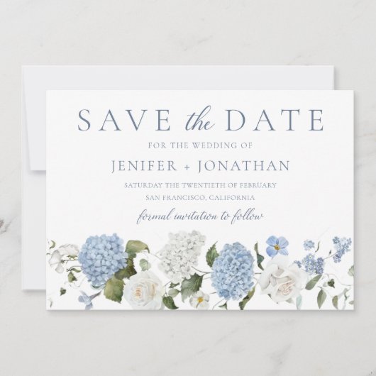 Elegant Blauw Hydrangea Witte Rozen Bloemen Bruilo Save The Date (Voorkant)