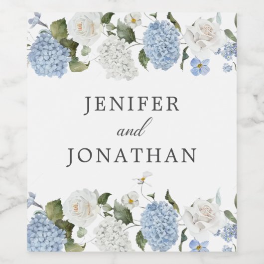 Elegant Blauw Hydrangea Witte Rozen Bloemen Bruilo Wijn Etiket (Enkel label)