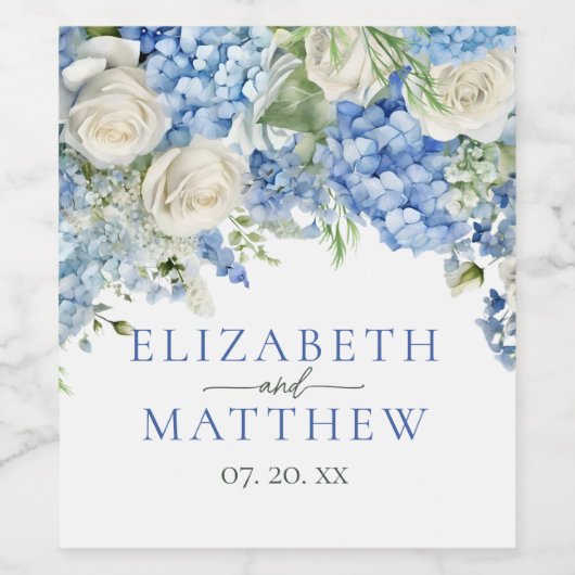 Elegant Blauw Hydrangea Witte Rozen Bloemen Bruilo Wijn Etiket (Enkel label)