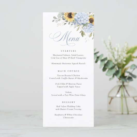 Elegant Blauw Hydrangea Zonnebloemen Bruiloft Menu (Staand voorkant)
