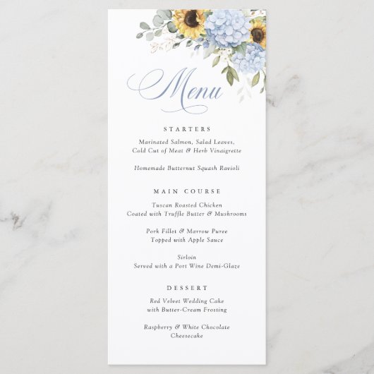 Elegant Blauw Hydrangea Zonnebloemen Bruiloft Menu (Voorkant)