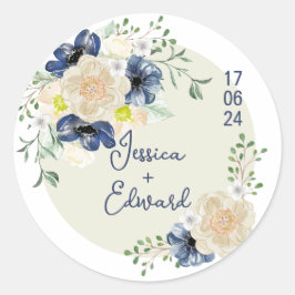 Elegant Blauw Indigo Bloemen Paar Naam Datum Moder Ronde Sticker