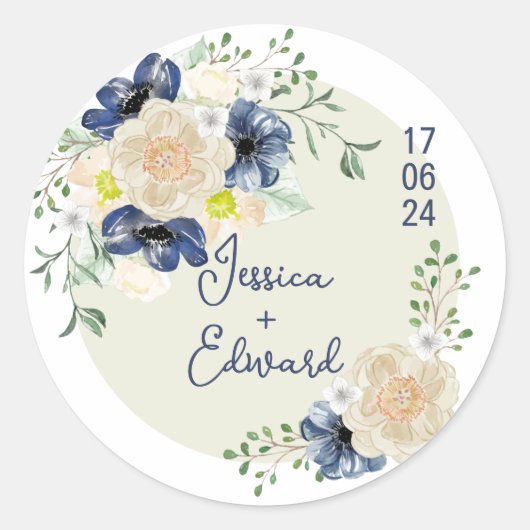 Elegant Blauw Indigo Bloemen Paar Naam Datum Moder Ronde Sticker (Voorkant)