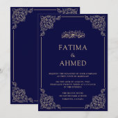 Elegant  Blauw Islamitisch Moslim Bruiloft Kaart (Voorkant / Achterkant)