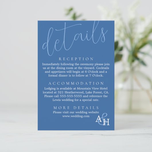 Elegant Blauw Kalligrafie Script Bruiloft RSVP Kaa Informatiekaartje (Staand voorkant)