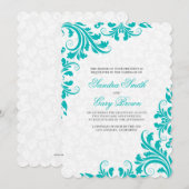 Elegant Blauw Kant Wit Damasks Bruiloft Kaart (Voorkant / Achterkant)