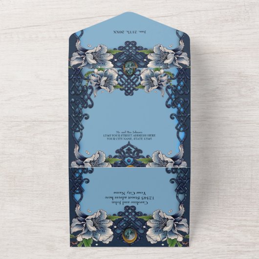 Elegant blauw Keltisch ontwerp All In One Uitnodiging (Buitenkant)