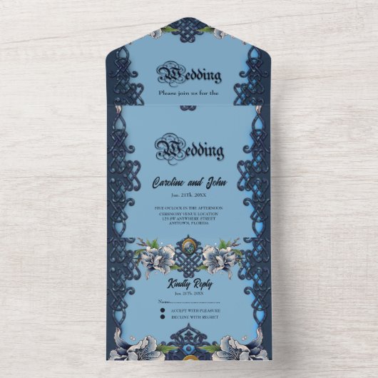 Elegant blauw Keltisch ontwerp All In One Uitnodiging (Binnen)