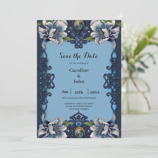 Elegant blauw Keltisch ontwerp Save The Date (Staand voorkant)