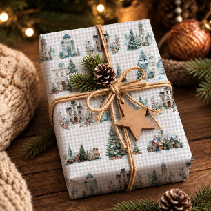 Elegant Blauw Kerst Winterhuizen Patroon Cadeaupapier