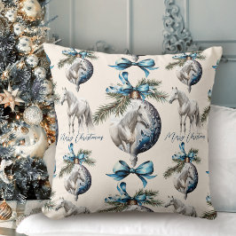 Elegant blauw Kerstmis wit paard patroon Kussen