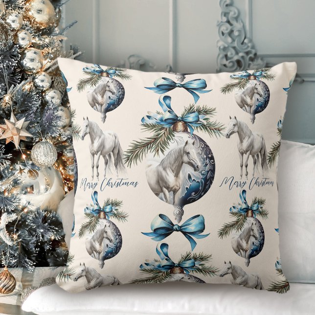 Elegant blauw Kerstmis wit paard patroon Kussen (Elegant blue Christmas white horse pattern Throw Pillow)