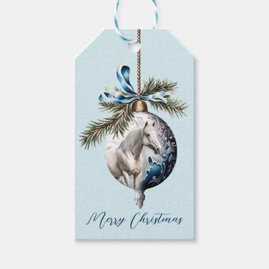 Elegant blauw Kerstmis wit paard ruitersport Cadeaulabel (Voorkant)