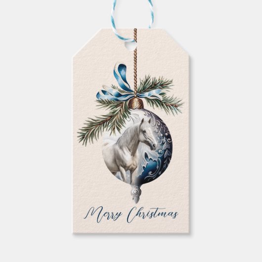 Elegant blauw Kerstmis wit paard ruitersport Cadeaulabel (Voorkant)