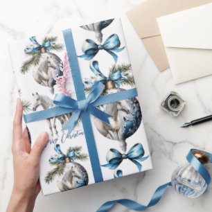 Elegant blauw Kerstmis wit paard ruitersport Cadeaupapier