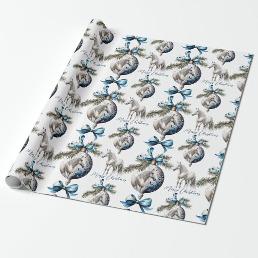 Elegant blauw Kerstmis wit paard ruitersport Cadeaupapier (Uitgerold)